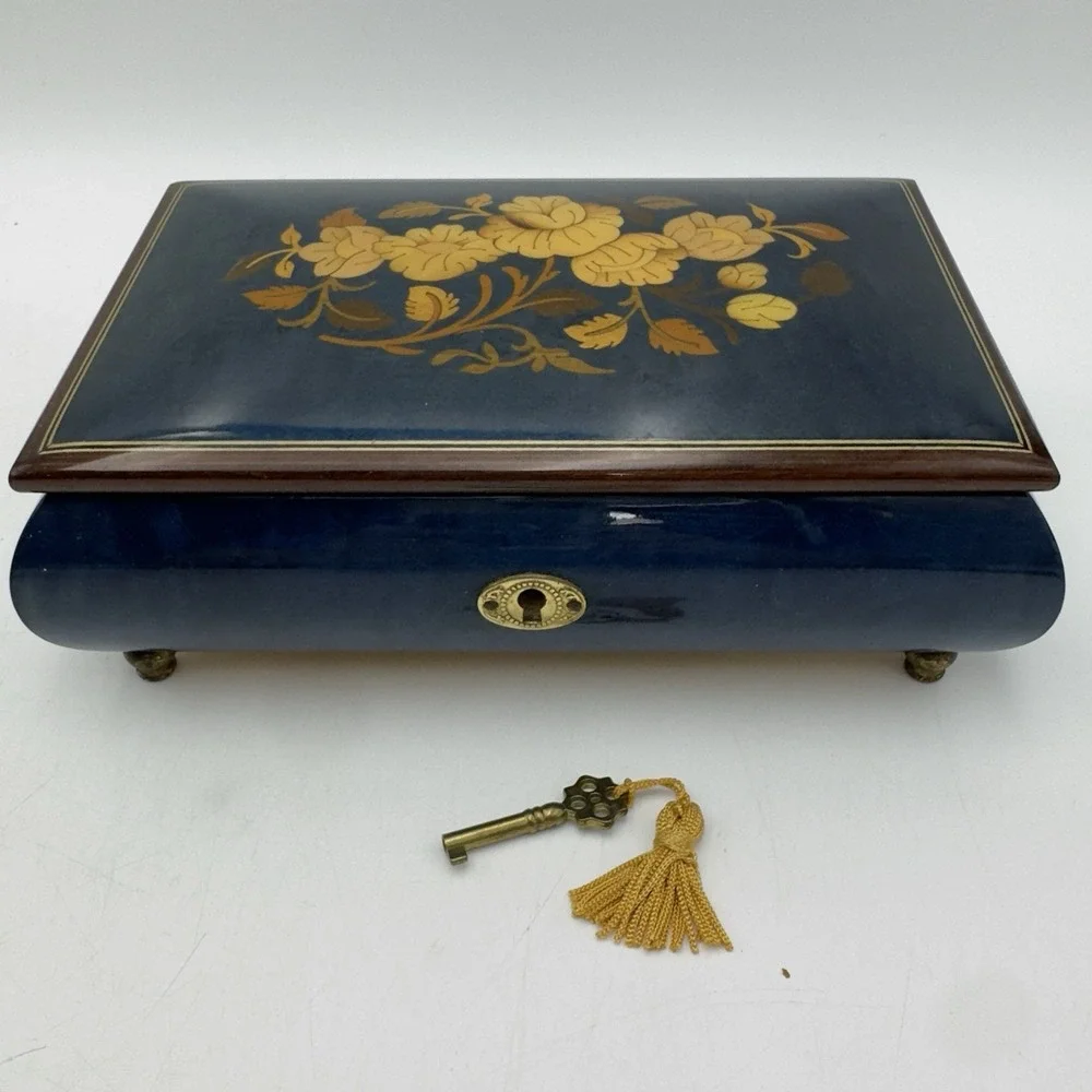 REUGE JEWELRY MUSIC BOX Wood Blue Beige Floral Inlay Italy Memory Cats Key Vtg